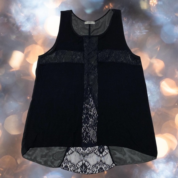 ISSI Black Sheer Mesh Lace Sleeveless High Low Tank Top Blouse - Picture 9 of 10